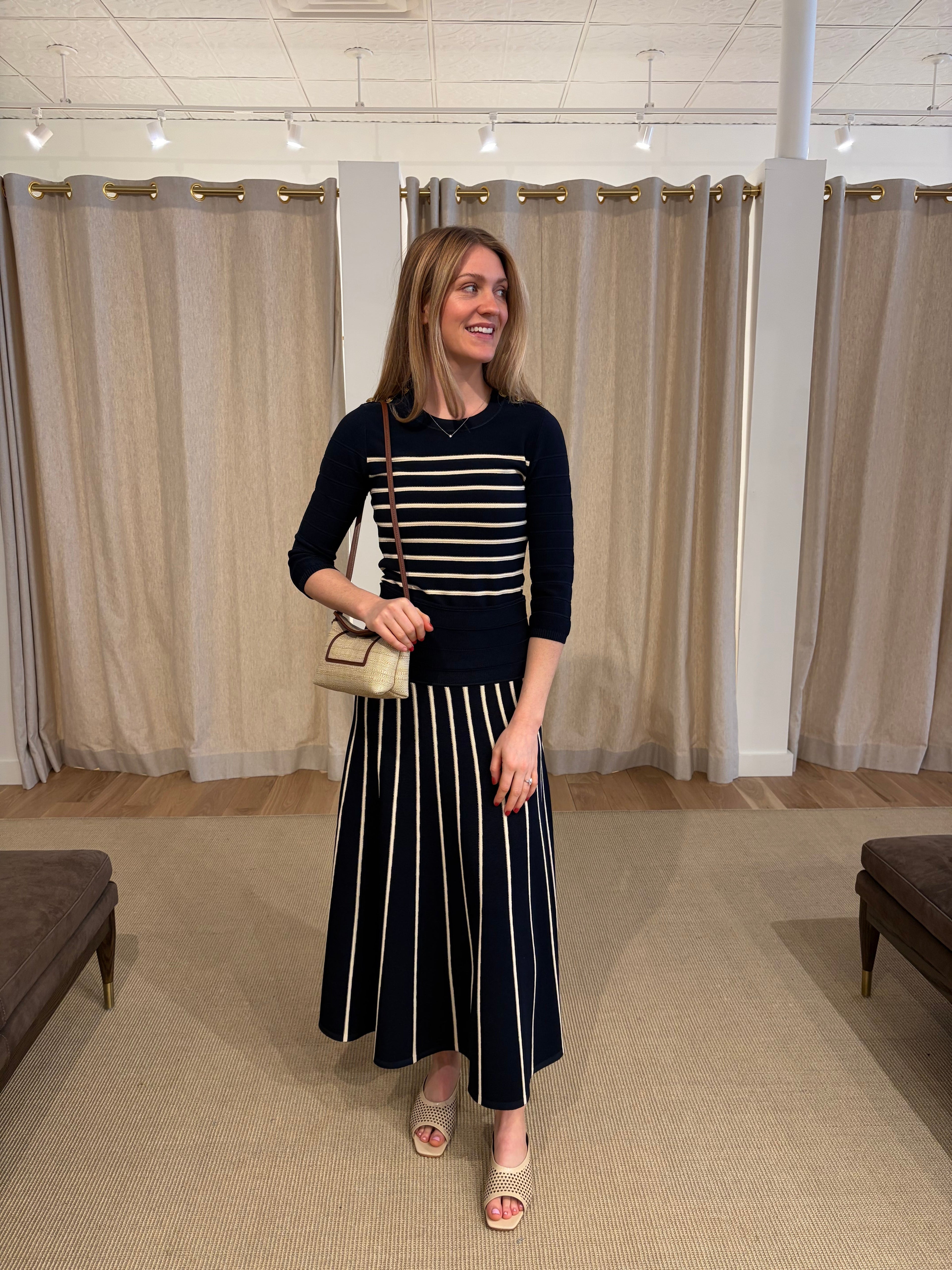 Luna Striped Midi Skirt - Navy / Cream